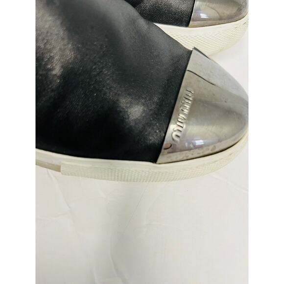 MIU MIU Black Leather Logo Metal Cap Toe Slip On Sneakers Shoes Size EU 36 US 6 - Picture 9 of 10